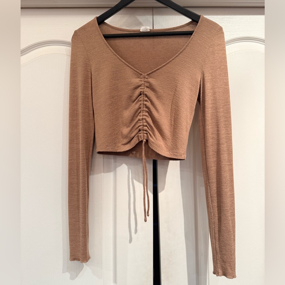Wilfred Free Aritzia Lynx Long Sleeve Crop Ruched Tie Front Top